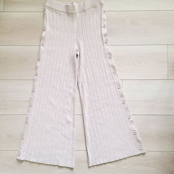 Revolve X Michael Costello Kalina Side Button Pant L Beige Ribbed Knit Pull-On - Picture 2 of 12
